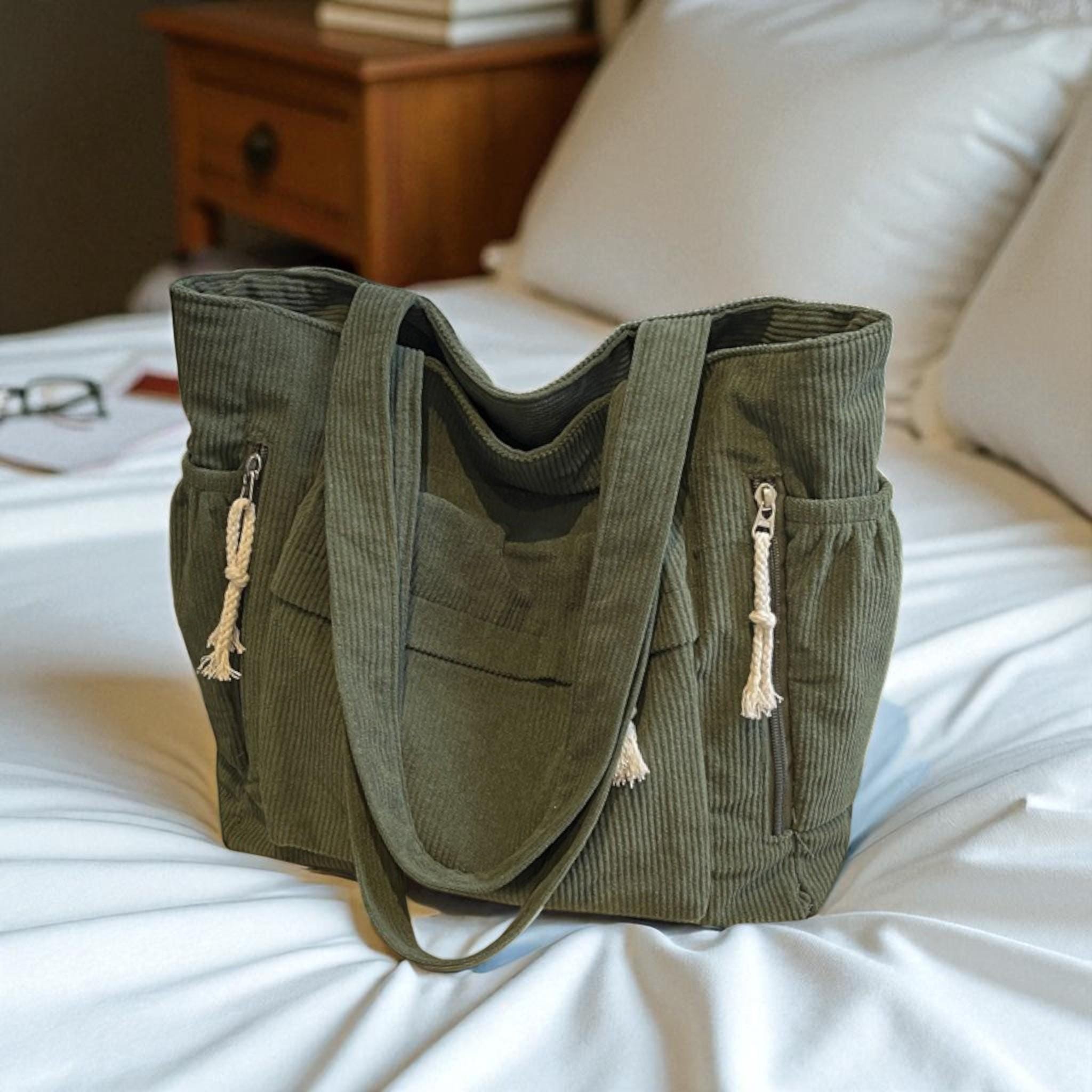 Corduroy Shoulder Tote Bag: Zippered Large Capacity Handbag