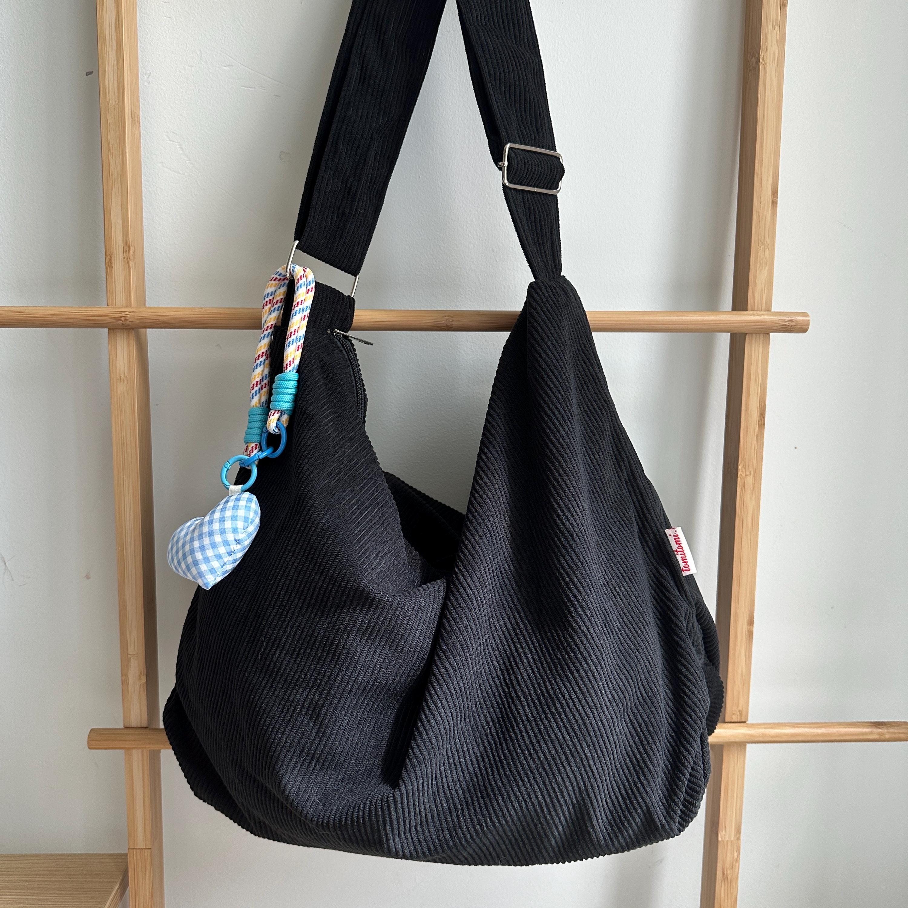 Cute Black Retro Corduroy Tote Bag with Adjustable Strap, Zipper, and Inner Pocket | Gift For Her or Him｜Everyday Essential Tote