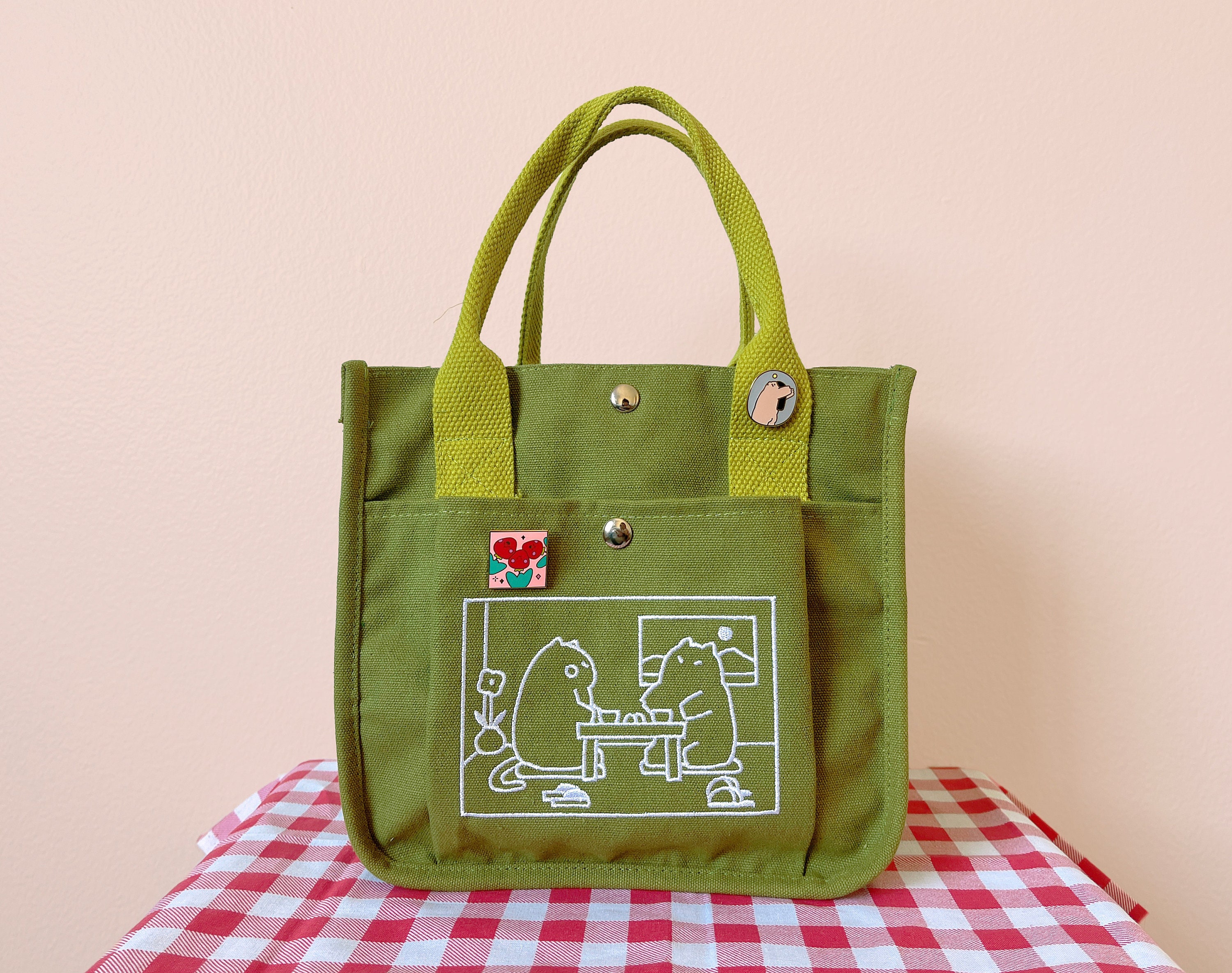 Embroidered Matcha Cat Canvas Tote Bag: Kawaii School Lunch Bag