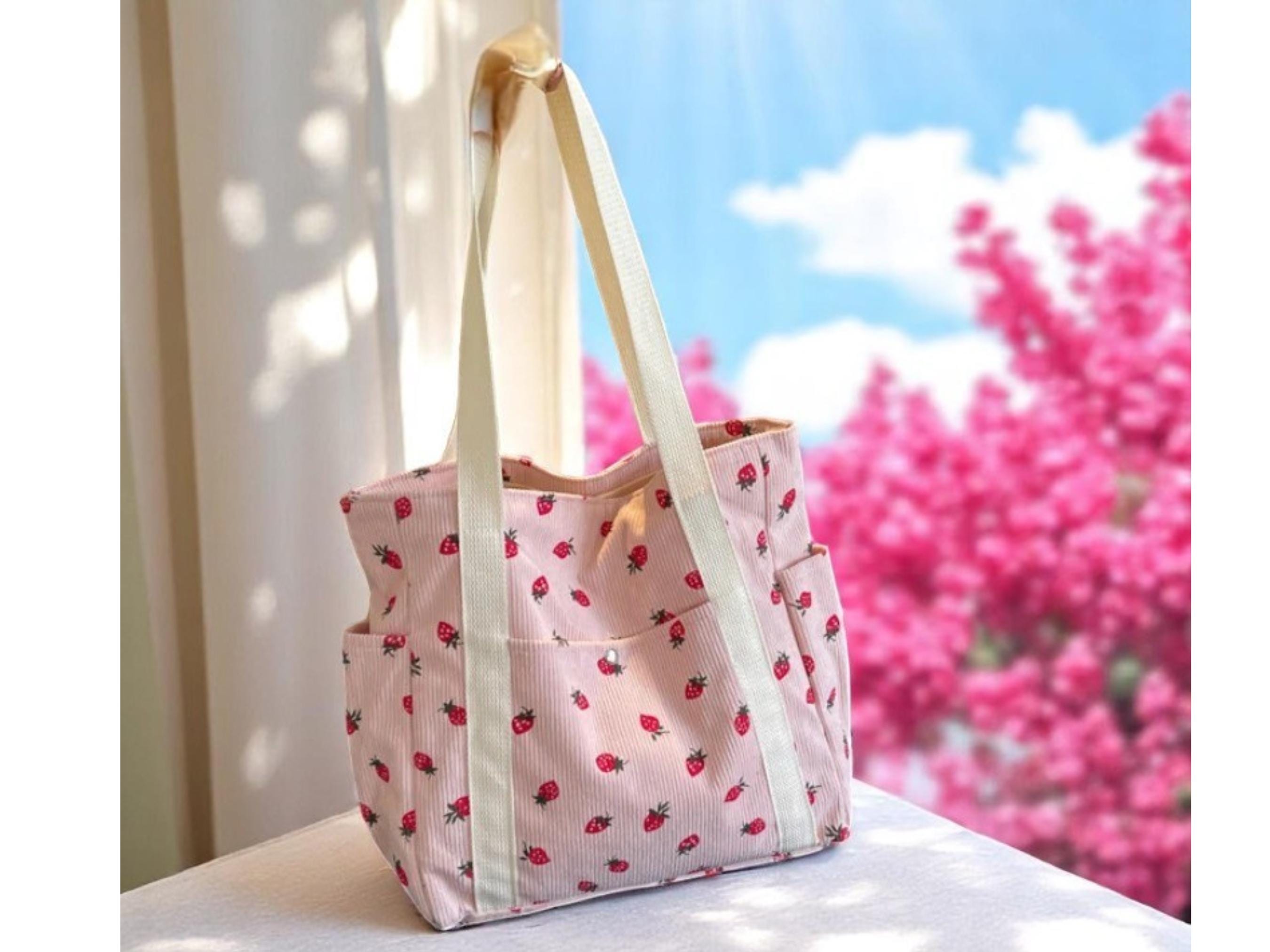 Embroidered Zipper Tote Bag, Strawberry Corduroy Tote Bag, Fresh Sweet Girl Handbag, Crossbody Bag for Woman,  Girl Graduation Easter Gift