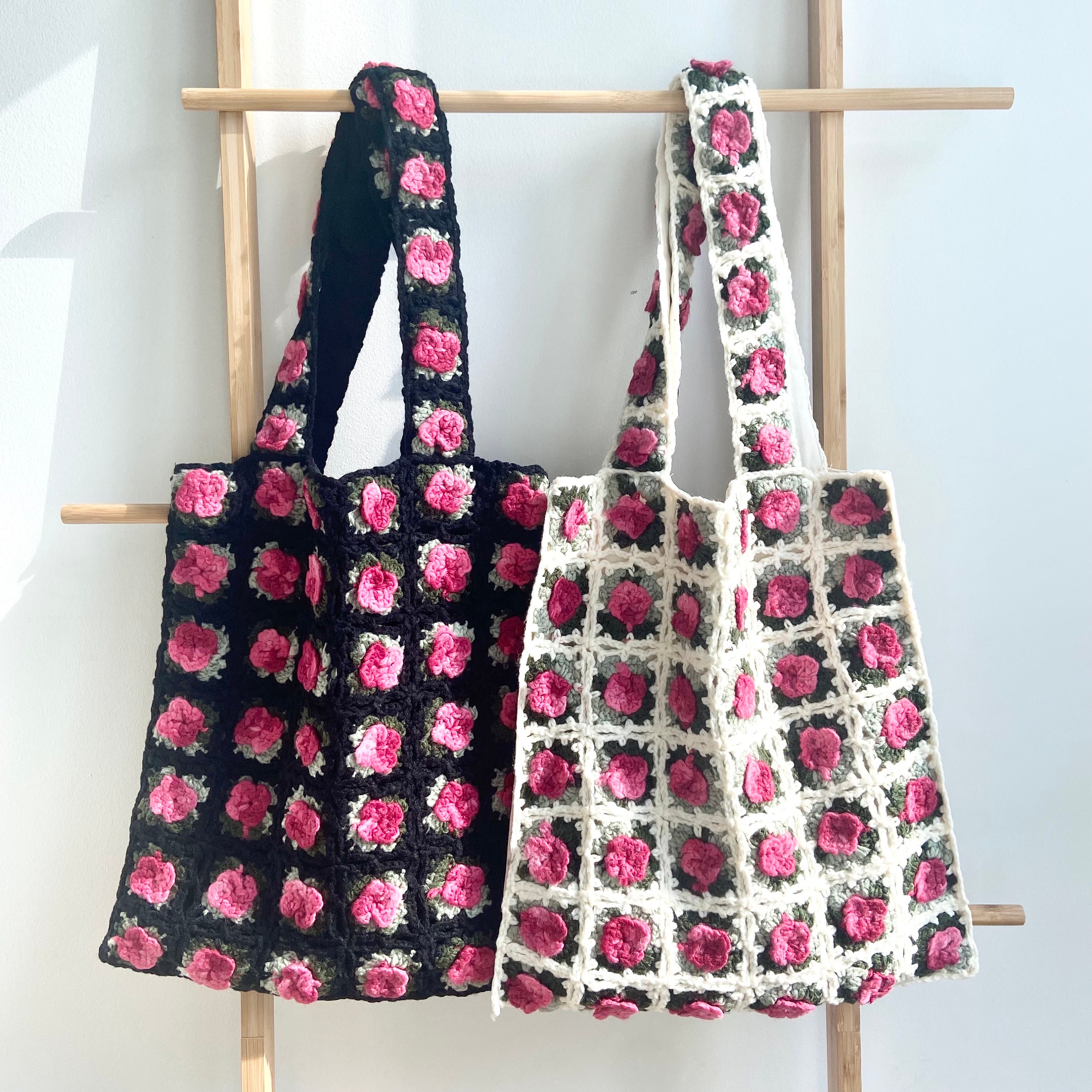 Hand-Knitted Floral Tote Bag: Granny Square Crochet Purse