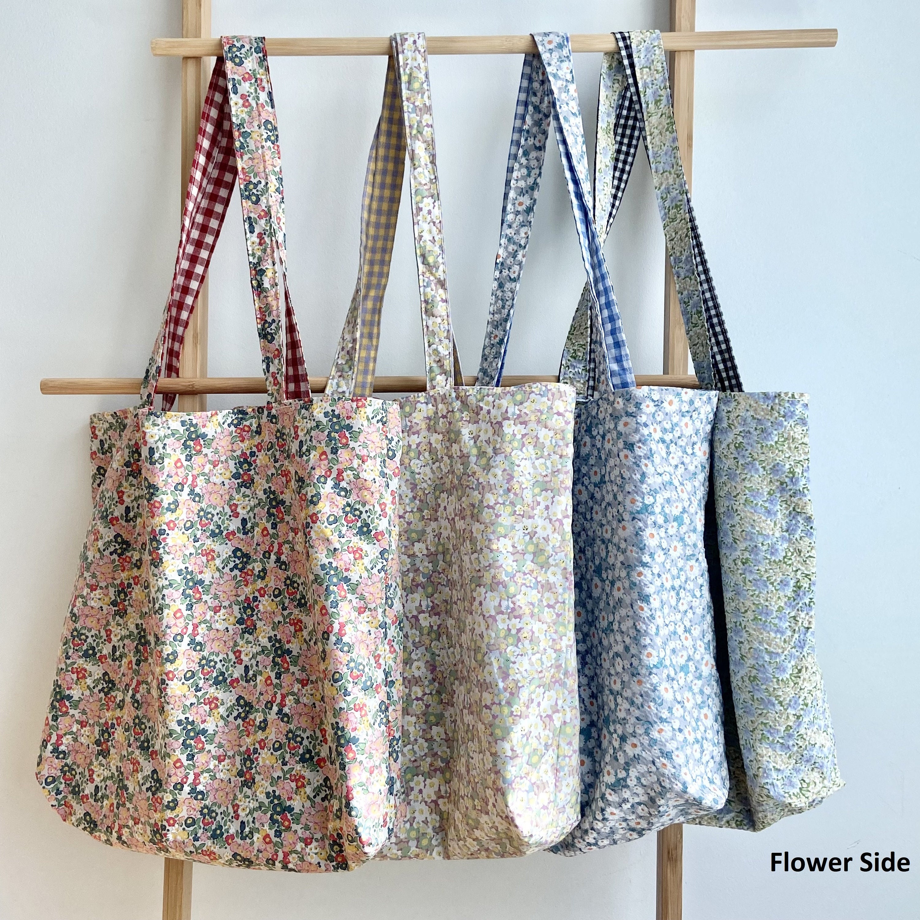 Reversible Gingham Floral Tote Bag: Red Plaid, Pink Flowers