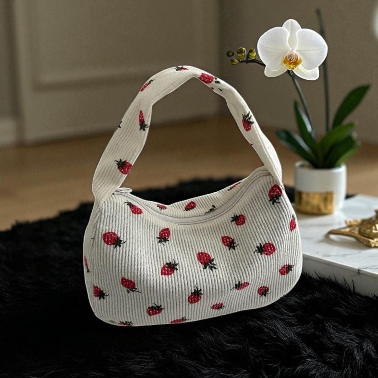 Small Corduroy Strawberry Handbag, Cute Mini Shoulder Tote Bag for Women,  Aesthetic Underarm Purse, Half Moon Eco Bag, Gift for Her