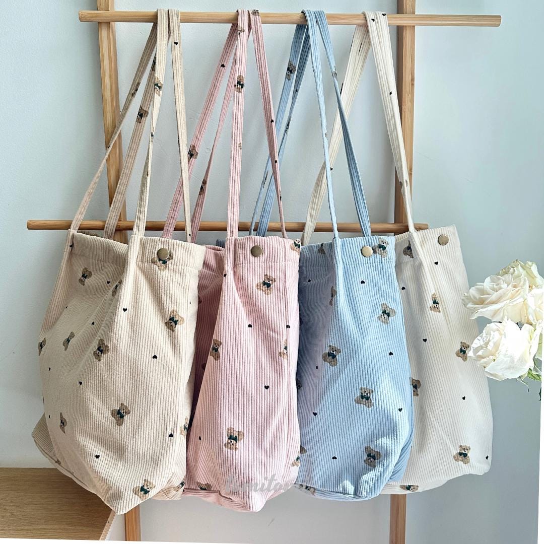 Teddy Bear Corduroy Tote Bag - Cute Printed Shoulder Bag with Magnetic Closure and Inner Pockets  Soft Canvas Lining | Beige Pink Blue Cream