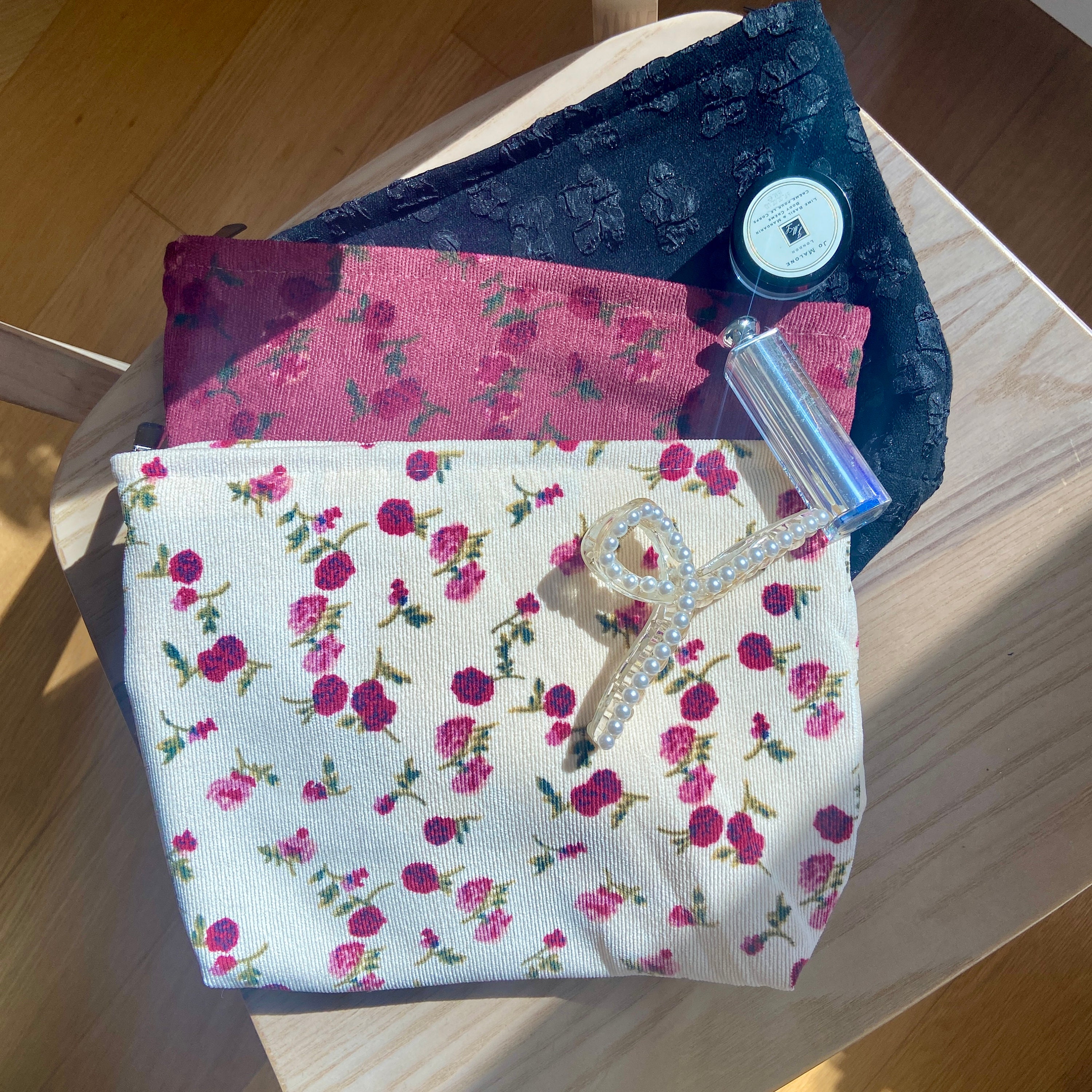 Vintage Rose Corduroy Makeup Pouch: Embroidered Cosmetic Bag