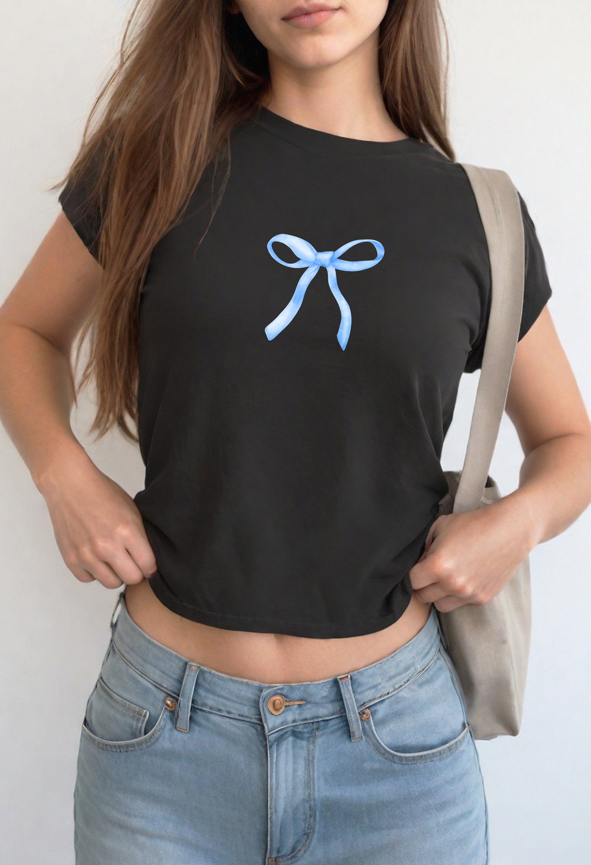 Blue Bow Baby Tee, Baby Tee, Cute Bow Graphic T, 90s TShirt, Bow Tee, Girly y2k baby tee, 90s baby tee, y2k, Crop