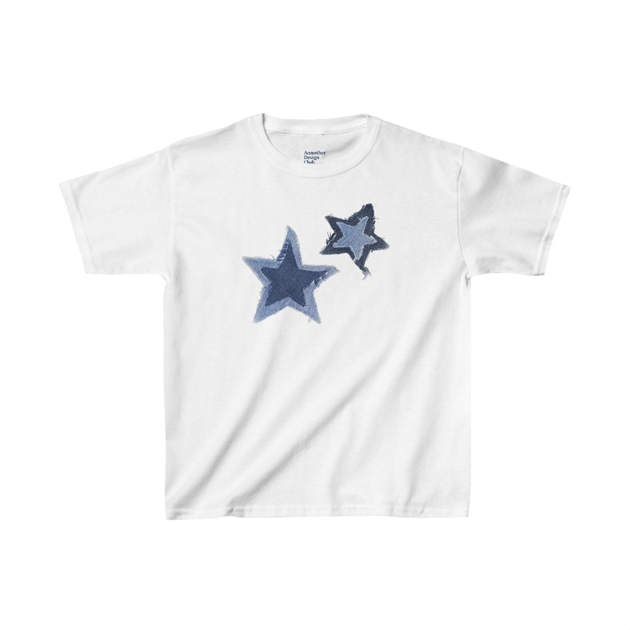 Blue Denim Print Stars Baby Tee | Denim Star Graphic Print Baby Tee Y2K Coquette Cute Tshirt Downtown Girl Boho Trendy Retro 90s Shirt