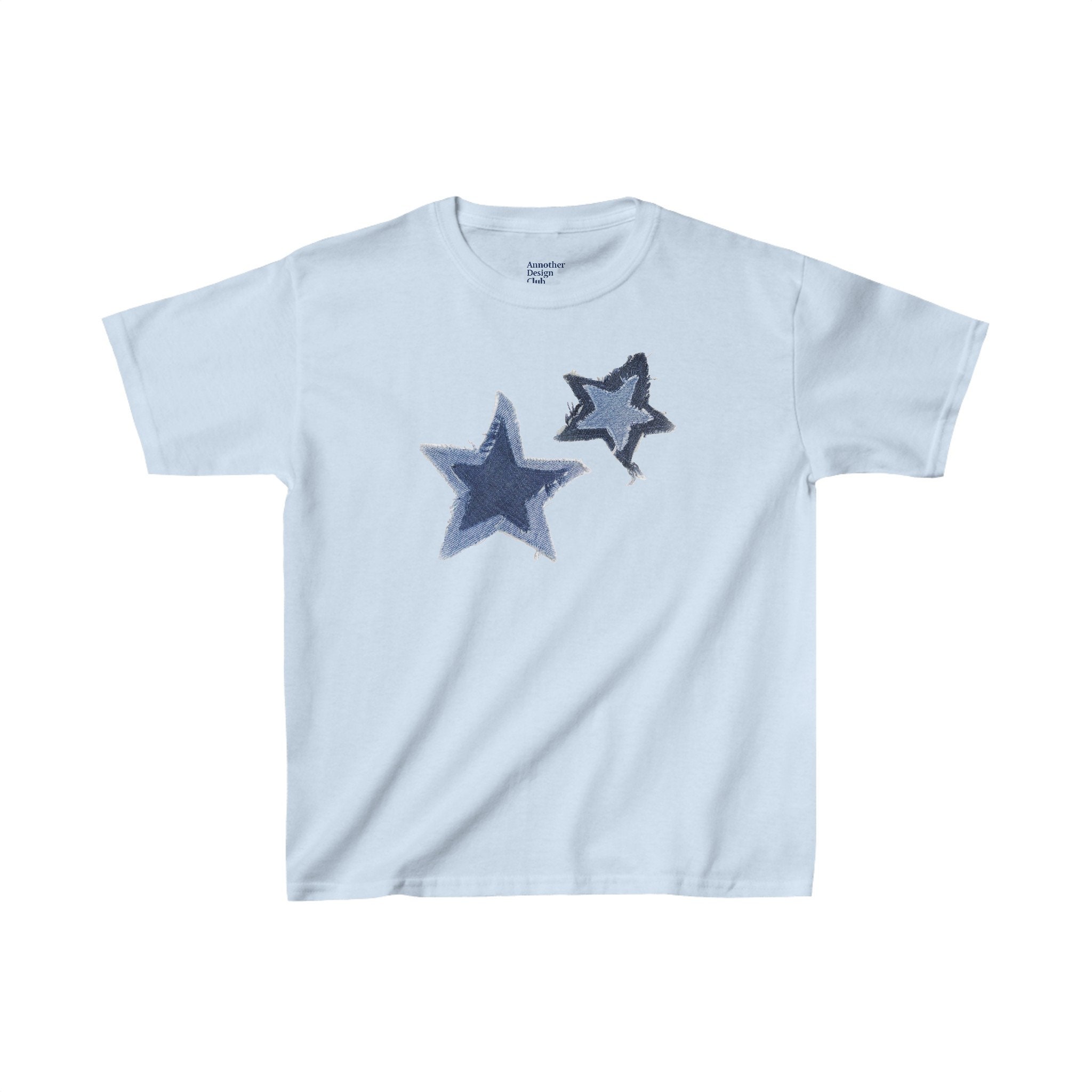 Blue Denim Print Stars Baby Tee | Denim Star Graphic Print Baby Tee Y2K Coquette Cute Tshirt Downtown Girl Boho Trendy Retro 90s Shirt