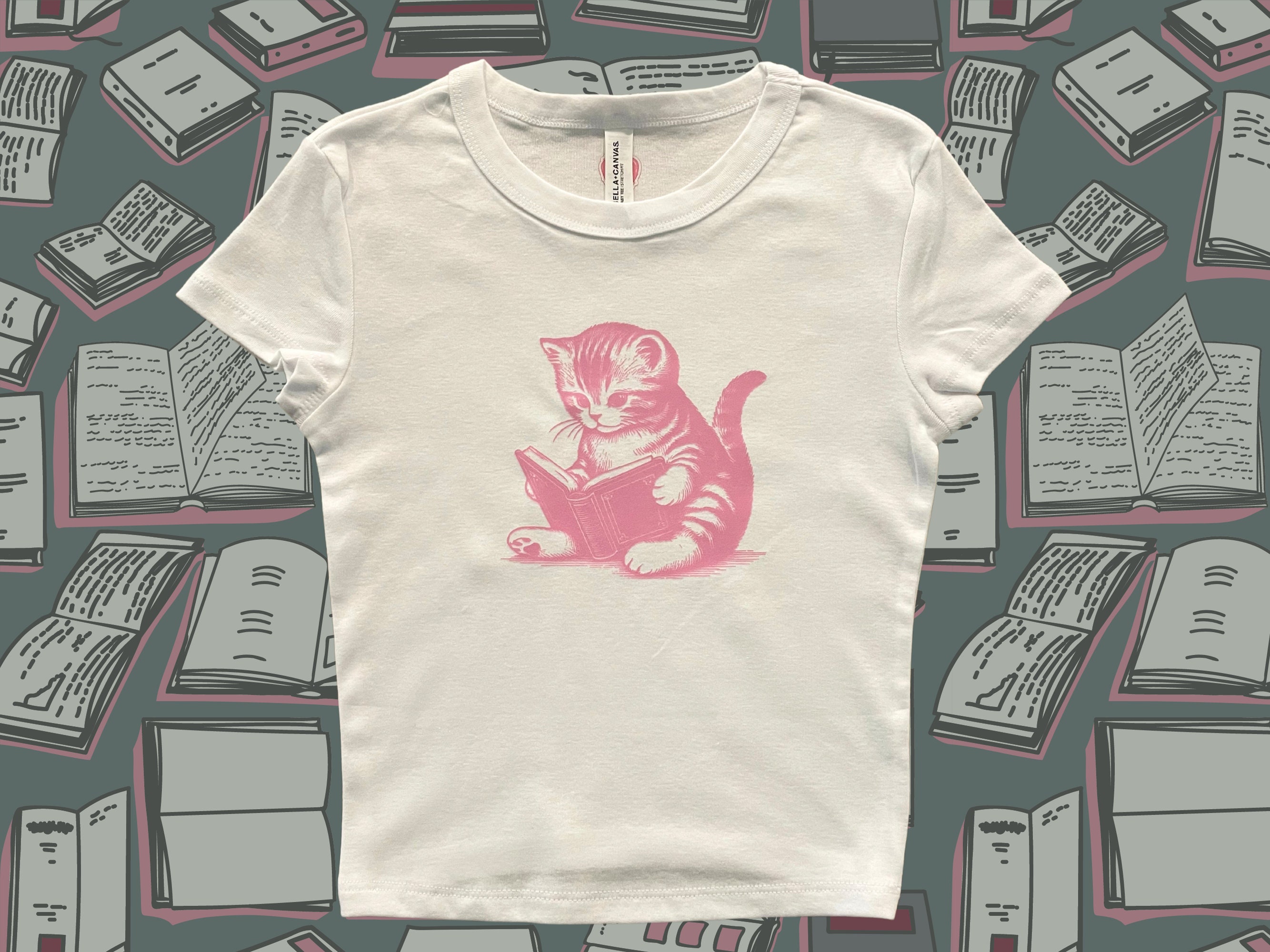 Cat Baby Tee, Pink Cat Reading Y2K Shirt, White Tank Top for Cat Lady, Bookish Cat Lover Gift