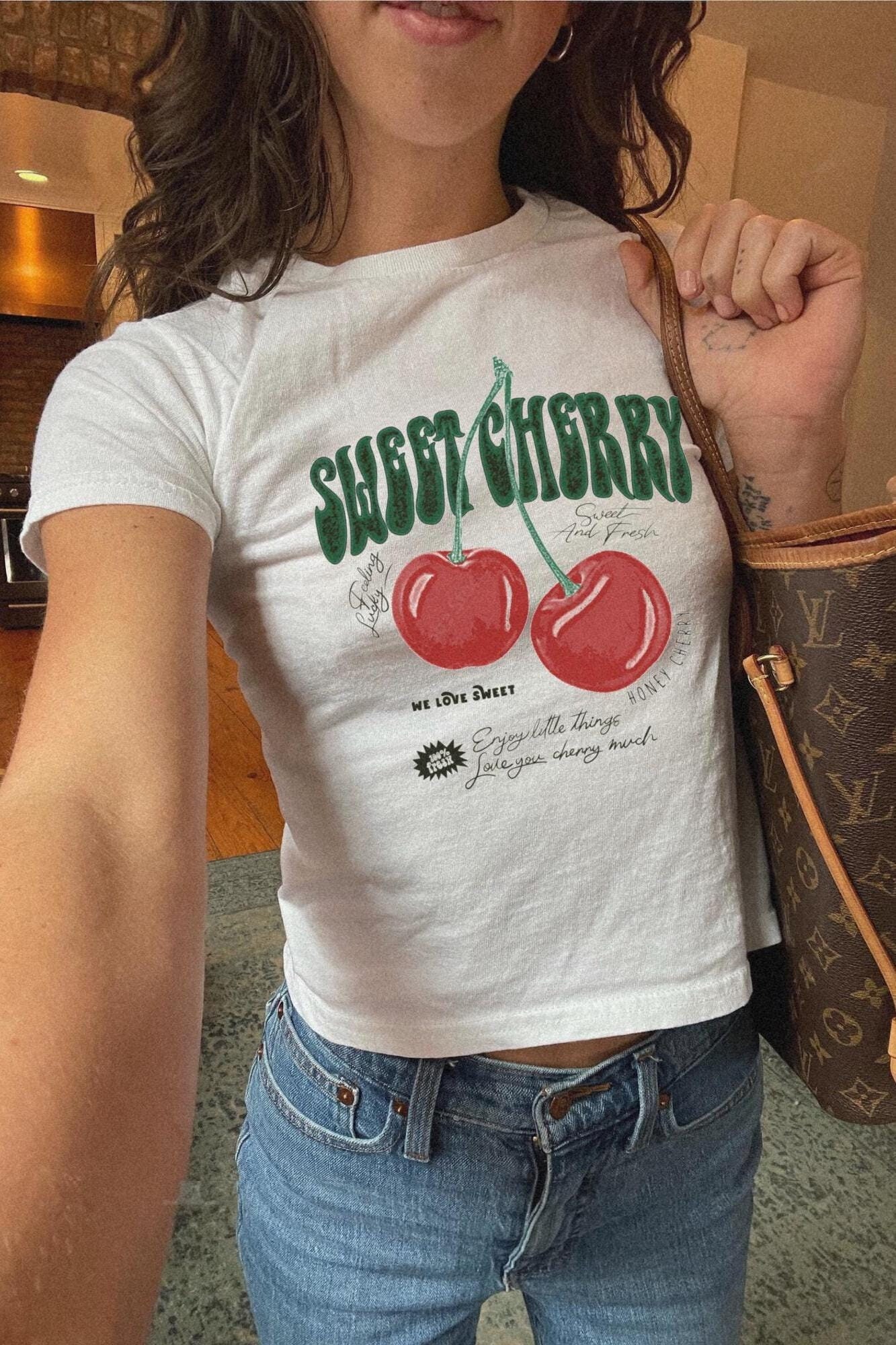 Cherry Baby Tee Farmers Market Shirt Y2K Aesthetic Top Vintage Fruit Crop Top Trendy 90s Baby Tee Mon Cheri Cute Baby Tee Summer Graphic Tee