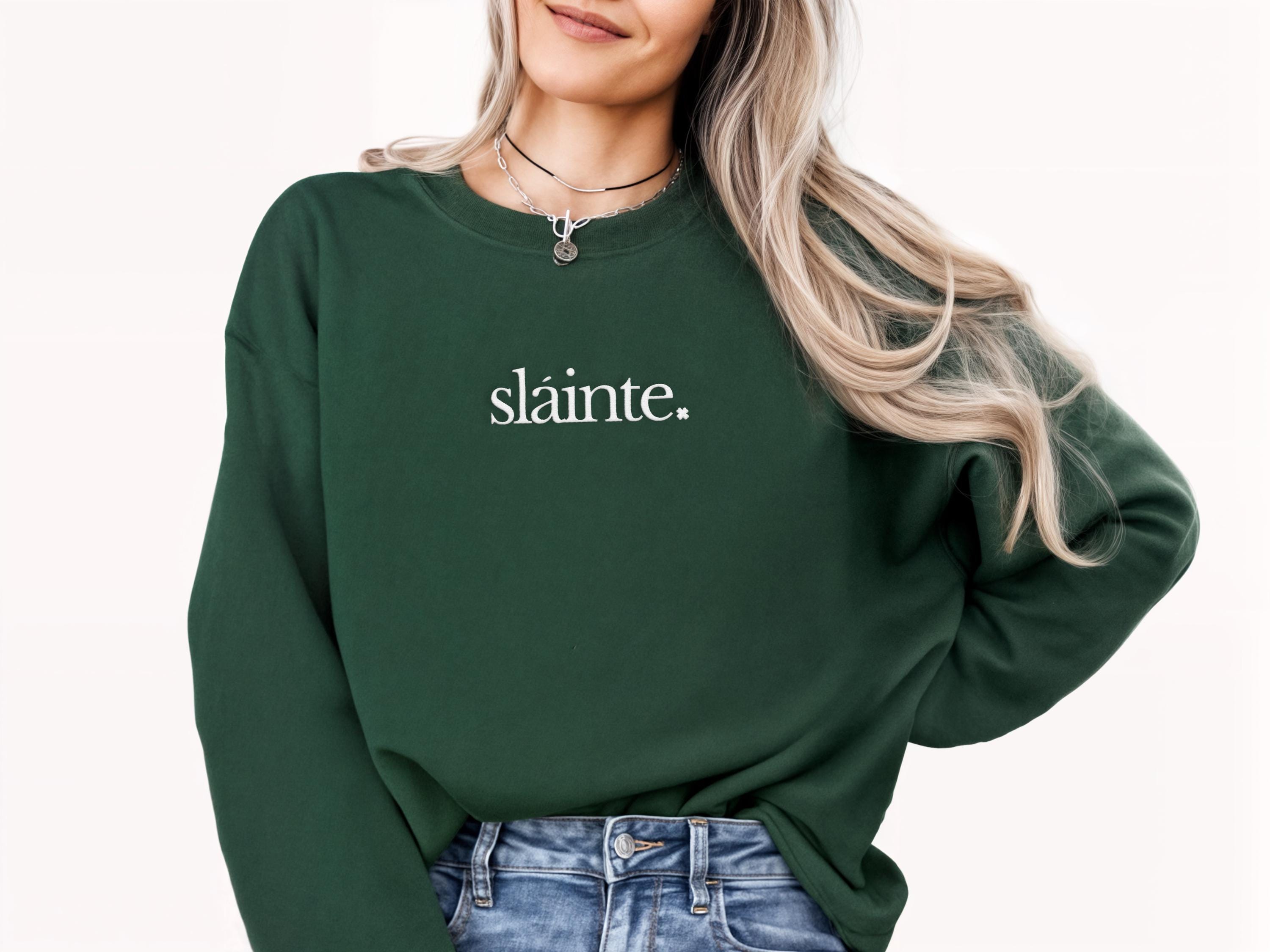 Minimalist Slainte Embroidered Sweatshirt - St. Patrick's Day Crewneck - Irish Gift - Shamrock Design Lucky Going Out Shirt