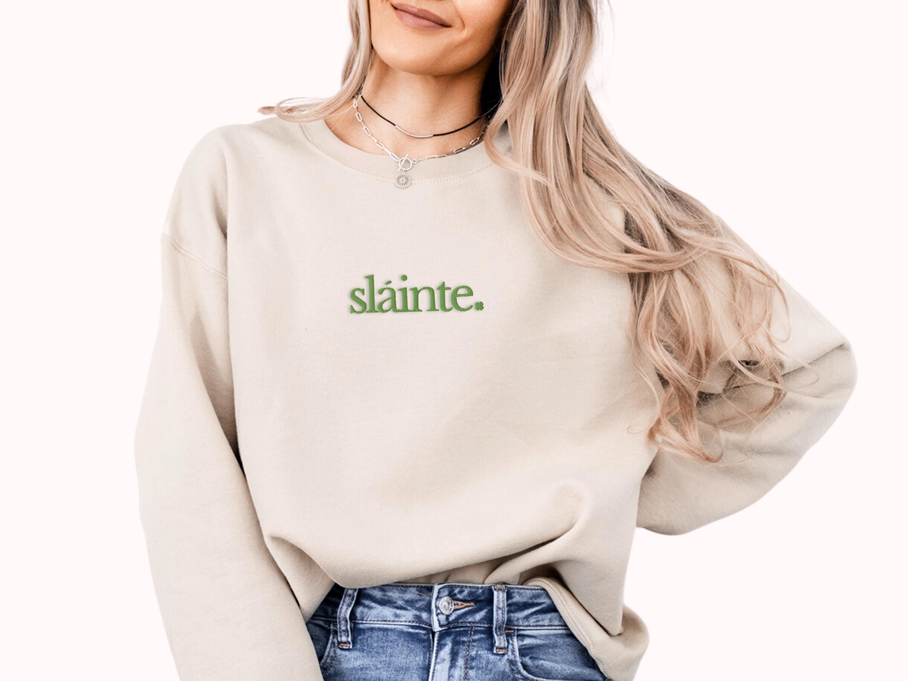 Minimalist Slainte Embroidered Sweatshirt - St. Patrick's Day Crewneck - Irish Gift - Shamrock Design Lucky Going Out Shirt