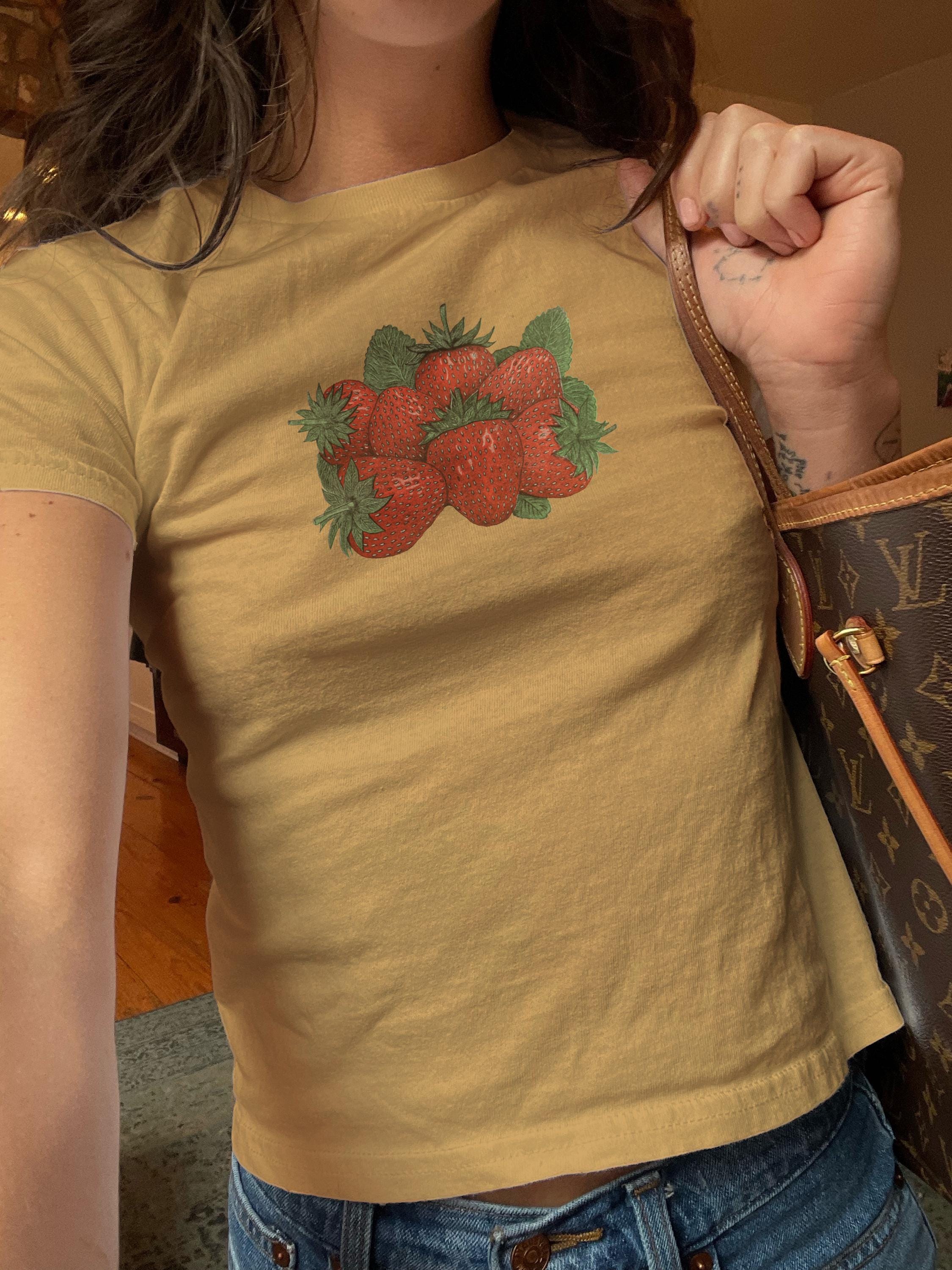 Painted Strawberries Baby Tee • 100% USA Cotton • Vintage Farmers Market T-Shirt • Cute Fruit Ad Graphic Shirt • Retro 90s 00s Fitted Tshirt