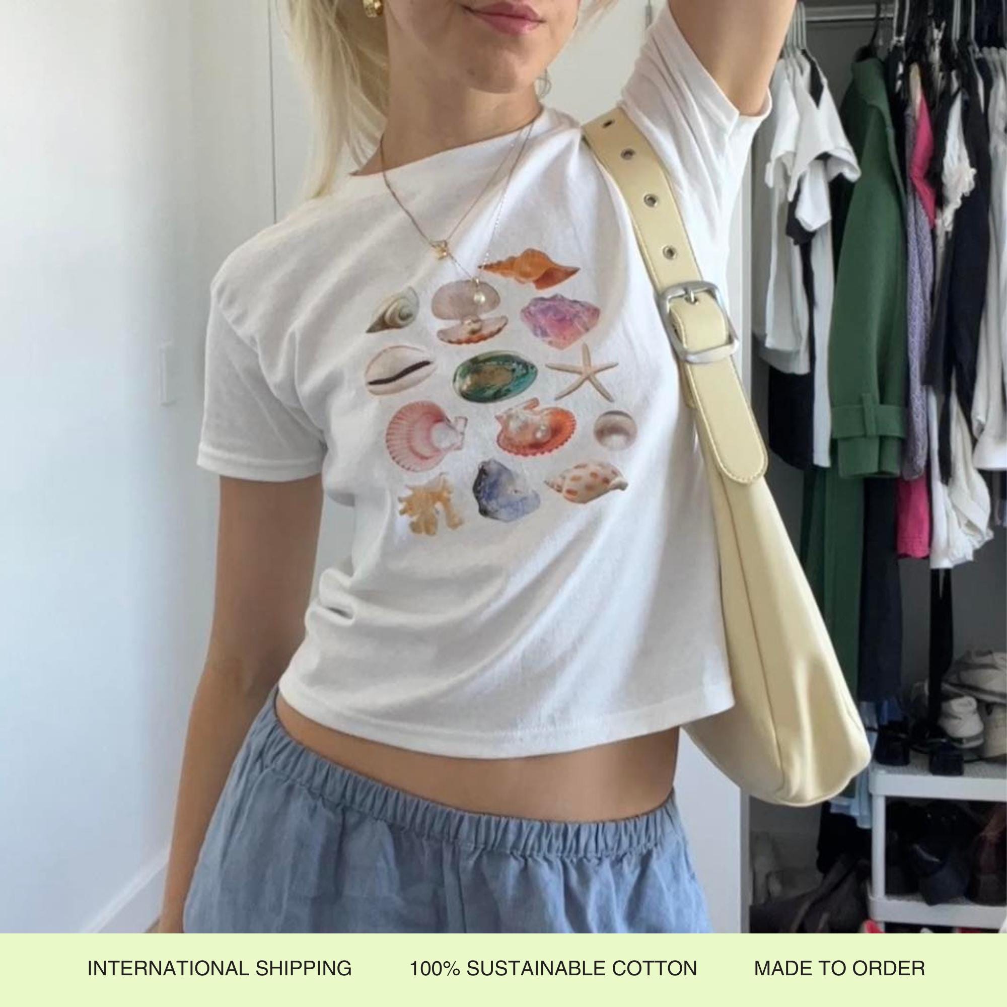 Sea Shell Baby Tee Vintage Collage Aesthetic Seashell Baby Tee Coastal Grandma Cute Women's T-Shirt Sustainably Made