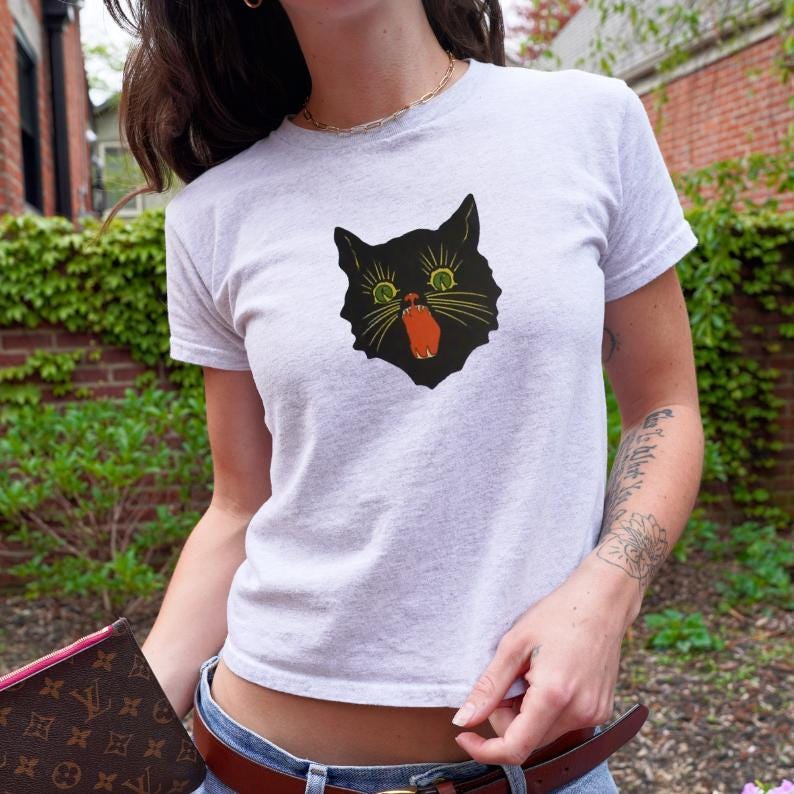 Vintage Halloween Black Cat Baby Tee: Witchy Coquette Style
