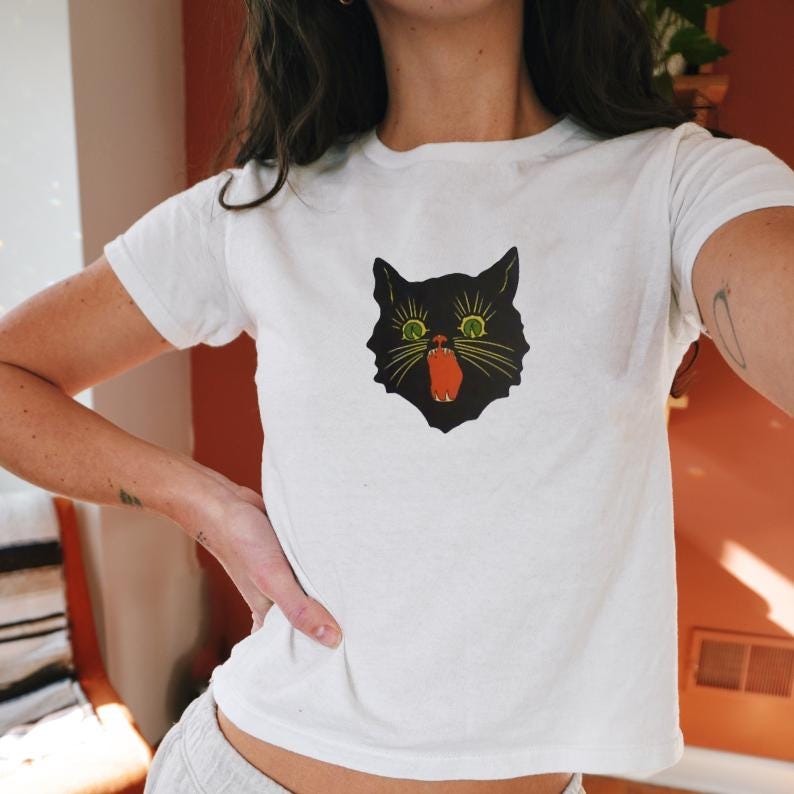 Vintage Halloween Black Cat Baby Tee: Witchy Coquette Style