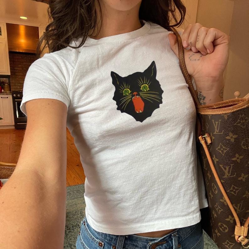 Vintage Halloween Black Cat Baby Tee: Witchy Coquette Style