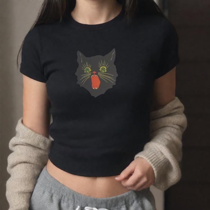 Vintage Halloween Black Cat Baby Tee: Witchy Coquette Style