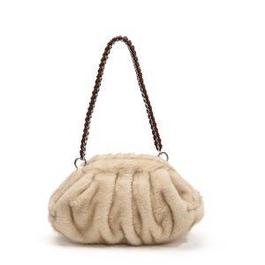 Faux Mink Fur Pleated Cloud Plush Fringe Shoulder Bag