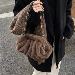 Faux Mink Fur Pleated Cloud Plush Fringe Shoulder Bag