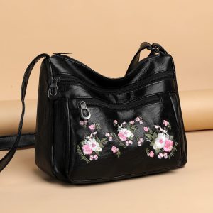 Embroidered Soft Leather Elongated Shoulder Bag for Middle-aged Adults