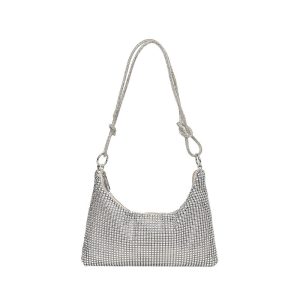Women's Solid-color Shiny Faux Rhinestone Zipper-k - Elongated Shoulder Bag