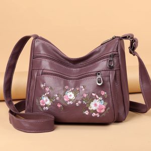 Embroidered Soft Leather Elongated Shoulder Bag for Middle-aged Adults