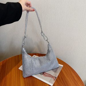 Women's Solid-color Shiny Faux Rhinestone Zipper-k - Elongated Shoulder Bag