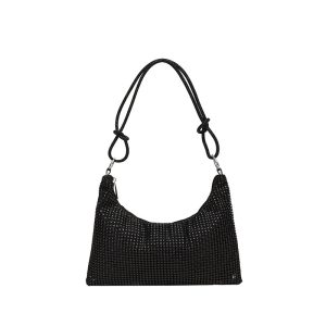 Women's Solid-color Shiny Faux Rhinestone Zipper-k - Elongated Shoulder Bag