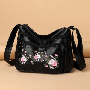 Embroidered Soft Leather Elongated Shoulder Bag for Middle-aged Adults