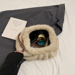 Faux Mink Fur Pleated Cloud Plush Fringe Shoulder Bag
