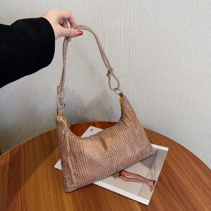 Women's Solid-color Shiny Faux Rhinestone Zipper-k - Elongated Shoulder Bag