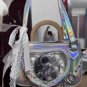 Bag with Clear Window – Kawaii Heart Purse for Anime Pins & Keychains, White Crossbody Shoulder Bag with Lace Bow