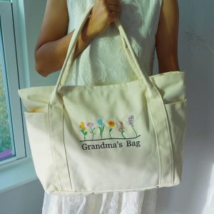 Beautiful Embroidery Floral Large Tote Bag With Zipper Pocket, Cute Daisy Sunflower Rose Totes, Unqiue Gift for Grandma Mom Girlfriend.