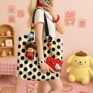Black Dot Canvas Tote Bag – Korean Casual Shoulder Bag