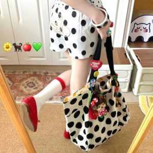 Black Dot Canvas Tote Bag – Korean Casual Shoulder Bag