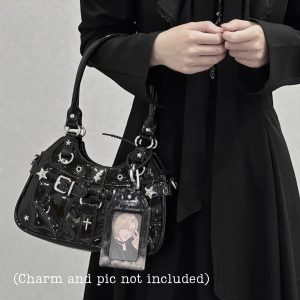 Black Edgy Shoulder Bag Goth Grunge Y2K Alt Handbag Streetwear Fashion Purse Aesthetic Accessory