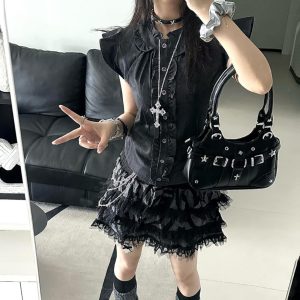 Black Edgy Shoulder Bag Goth Grunge Y2K Alt Handbag Streetwear Fashion Purse Aesthetic Accessory