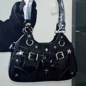 Black Edgy Shoulder Bag Goth Grunge Y2K Alt Handbag Streetwear Fashion Purse Aesthetic Accessory