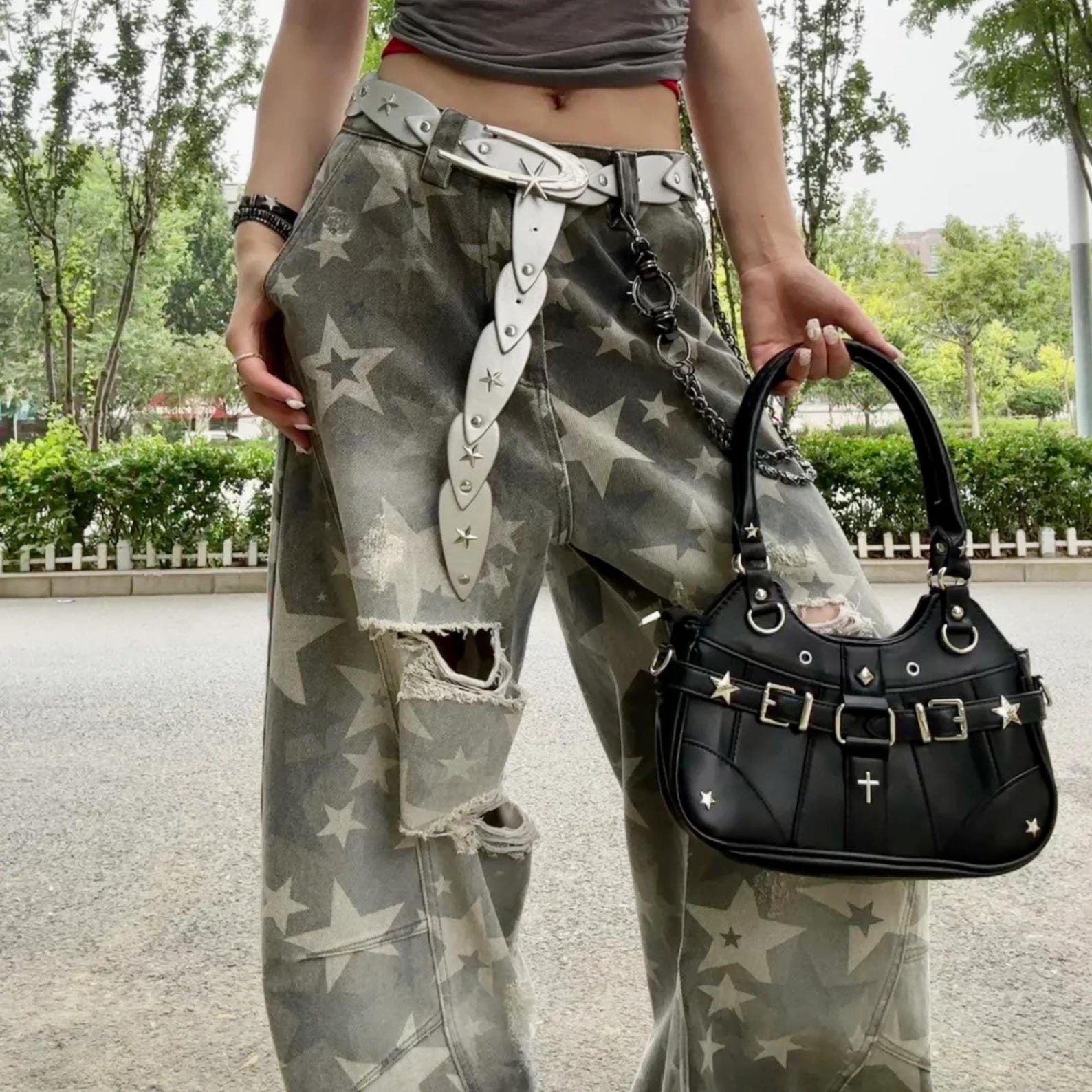 Black Edgy Shoulder Bag Goth Grunge Y2K Alt Handbag Streetwear Fashion Purse Aesthetic Accessory