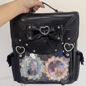 Black PU Leather Ita Backpack – Clear Window Display Bag with Bow and Heart Hardware for Pins, Keychains & Anime Merch