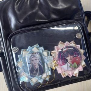 Black PU Leather Ita Backpack – Clear Window Display Bag with Bow and Heart Hardware for Pins, Keychains & Anime Merch