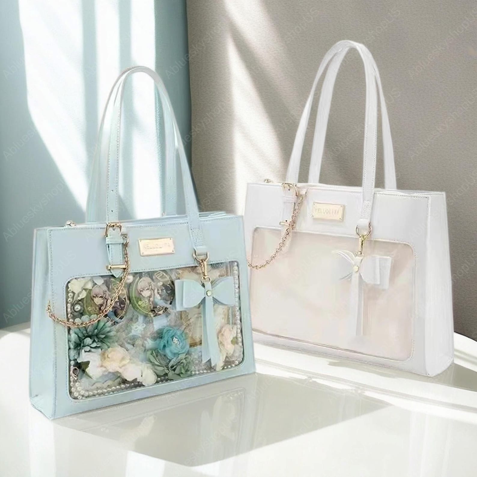 Bow Ita Bag with Clear Window for Pins, Large Capacity Ita Shoulder Tote Bag, Anime Pin Display, Transparent Window Ita Bag, Cute Handbag