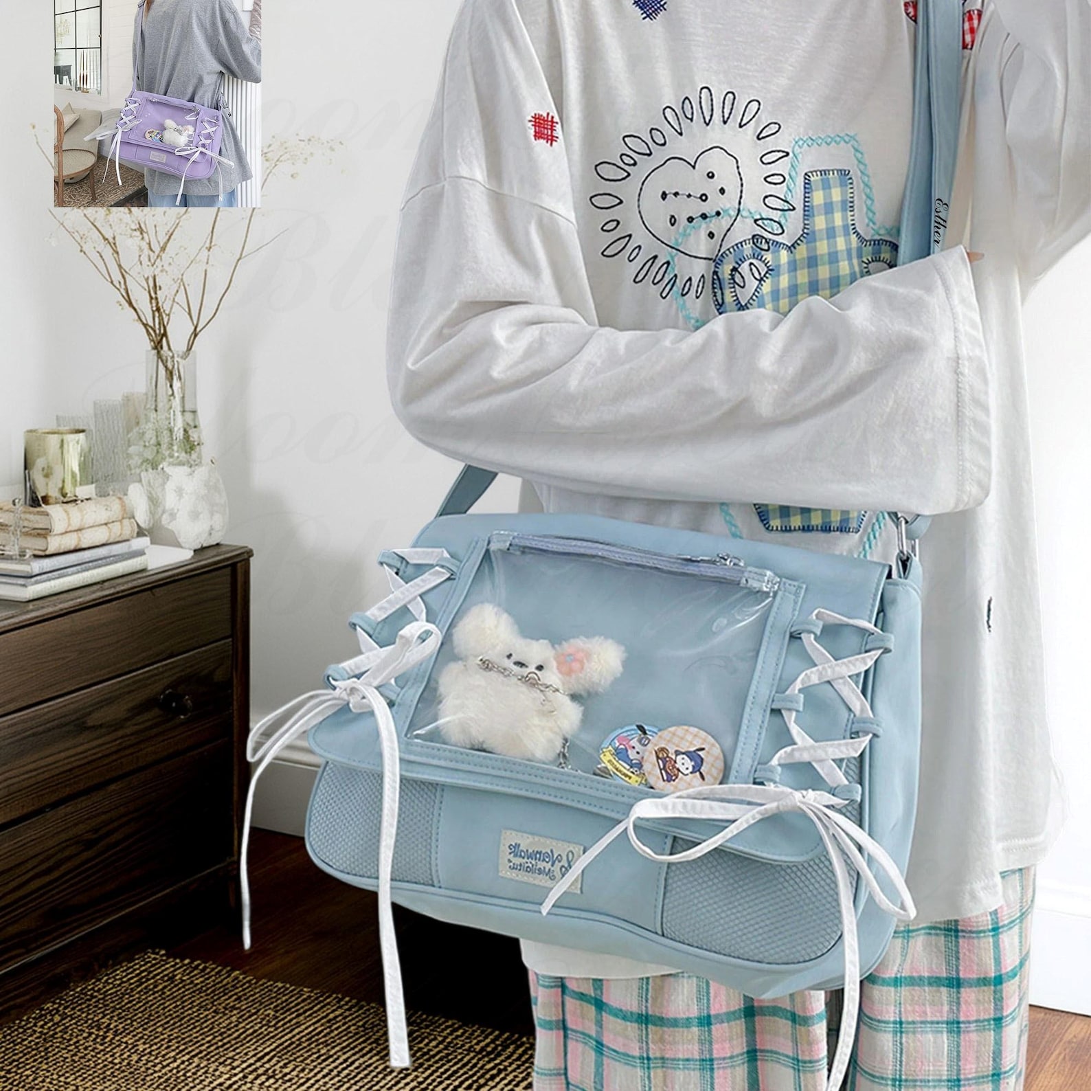 Bow-Knot Ita Bag, Personalized Pin Display Messenger Bag, Korean Japanese Preppy, Clear Window Bag, Ita Crossbody Bag, Anime Bag for Fans