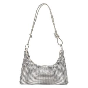 Women's Solid-color Shiny Faux Rhinestone Zipper-k - Elongated Shoulder Bag