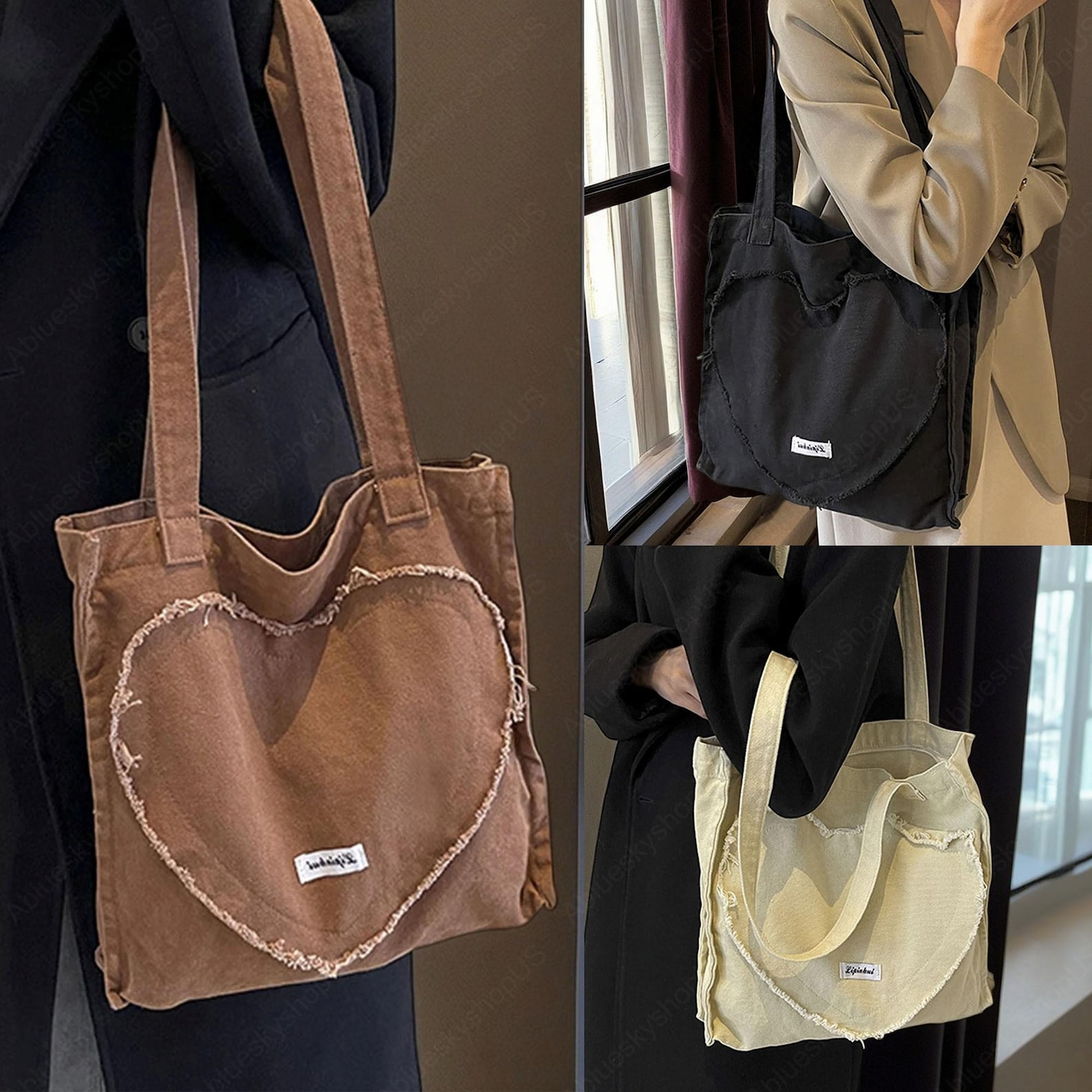 Canvas Heart Bag, Canvas Tote Bag, College Tote Bag, Shopping Bag, Commuter Bag, Casual Bag, Cute Canvas Bag, Everyday Bag, Gift For Her