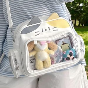 Cat-Themed Ita Bag, Clear Pocket Pin Display, Minimalist Shoulder Bag