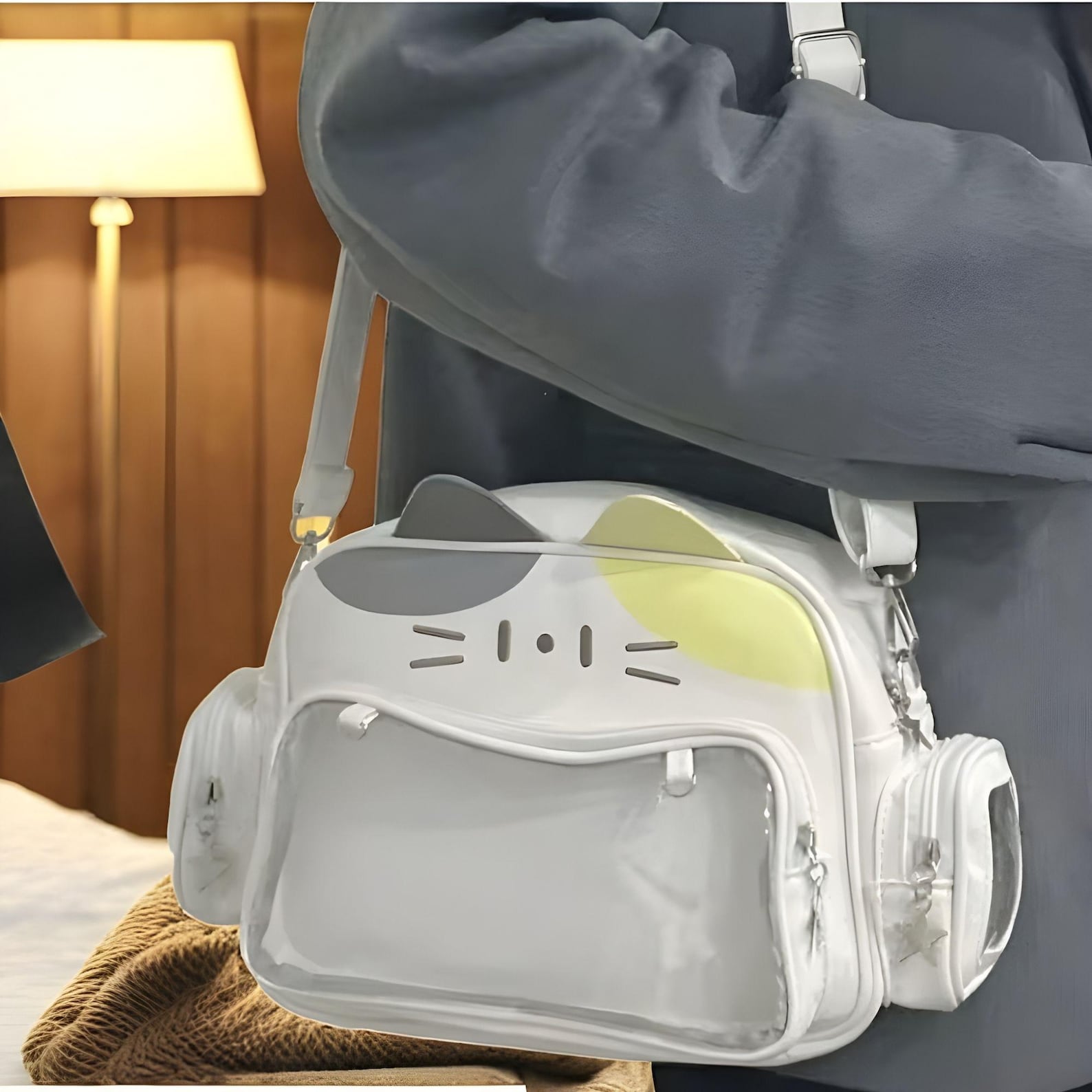 Cat-Themed Ita Bag, Clear Pocket Pin Display, Minimalist Shoulder Bag
