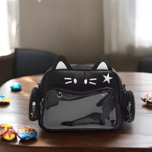 Cat-Themed Ita Bag, Clear Pocket Pin Display, Minimalist Shoulder Bag