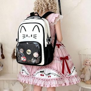 CatFace ita backpack, kawaii ita ba, enamel pin display bag, anime convention bag, clear window ita backpack, kawaii school backpack